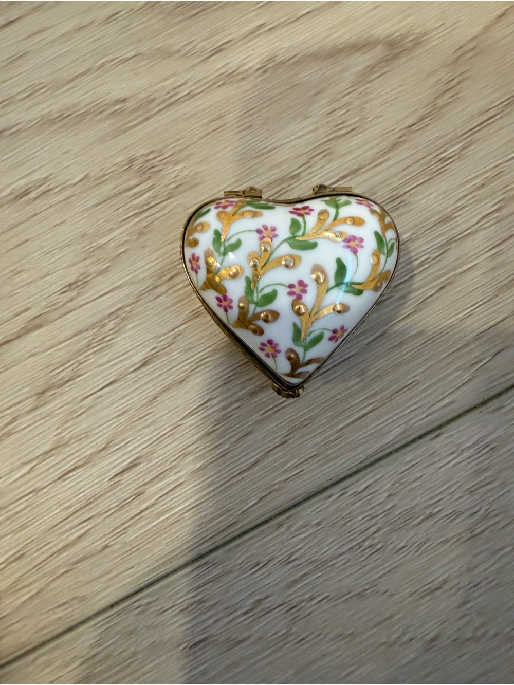 Limoges White Porcelain Heart Trinket Box with Gold, Green and Pink Floral Motif